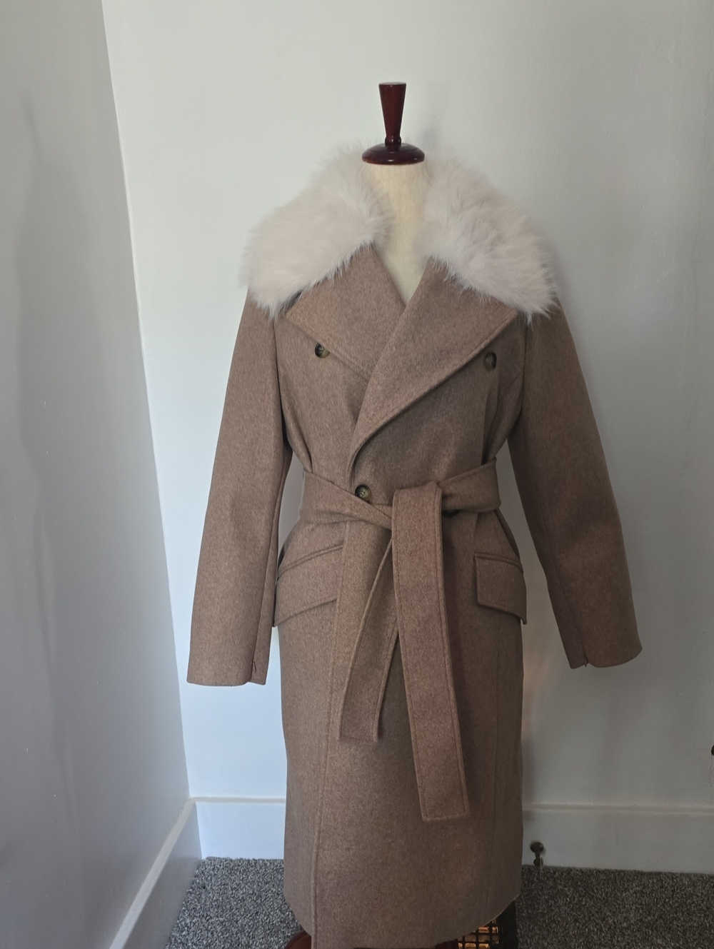 Banana Republic Tan Wool Trench Coat with White Fur Collar